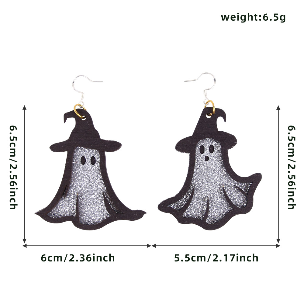 Pendientes de madera transfronterizos de Halloween polvo brillante de gato pendientes fantasma de fiesta de maquillaje decoración oscura aretes de viento
