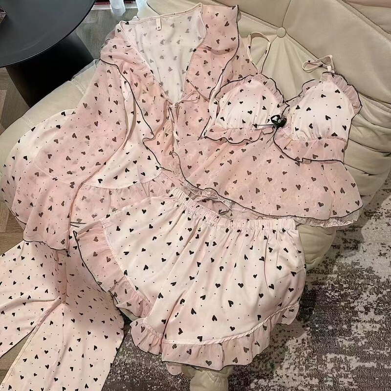 Spring Pink Peach Heart Ice Silk Pajamas, Feminine Suit, Suspender Bra Pad, Four-Piece Set, Can Be Worn Outside and Is Sweet