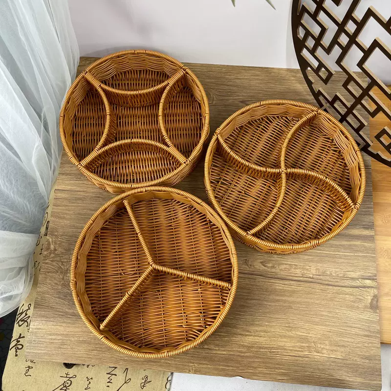 藤编干果盘干货果盘瓜子茶桌茶台干货干果摆盘网红四格复古干果盘