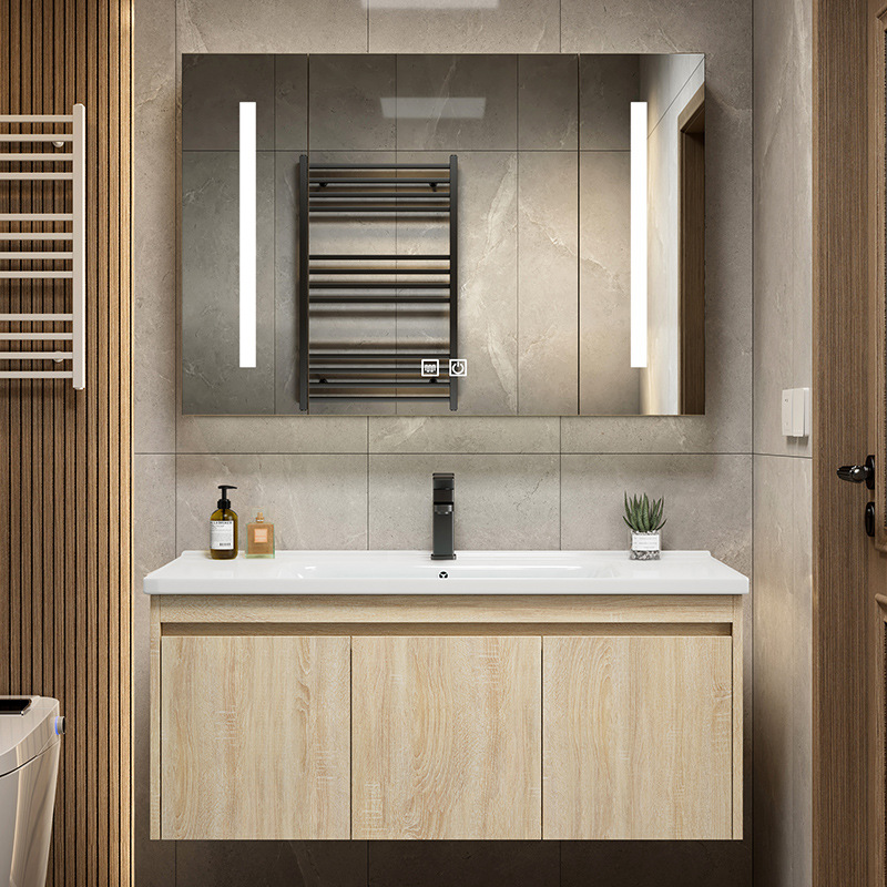 Color de madera cuenca de cerámica integrada esquina redondeada combinación de gabinete de baño lavabo de lavado de manos lavabo de baño piscina