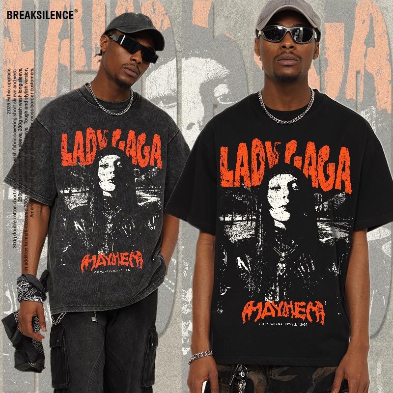 2025 Cross-Border Lady Gaga Summer Beauty Heavy Short-Sleeved Breathable Direct Spray Printing Heavy Men's Cotton T-Shirt