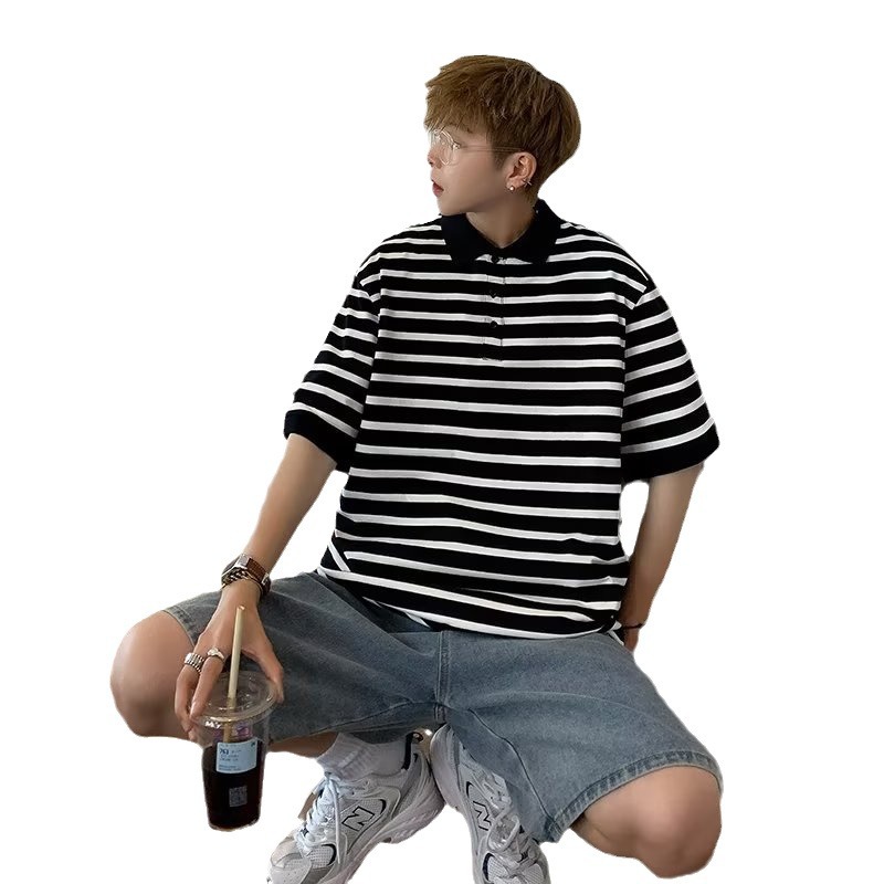 Polo casual de solapa para hombre Camiseta de manga corta Camiseta de fondo de ropa de clase para jóvenes de hombre a rayas
