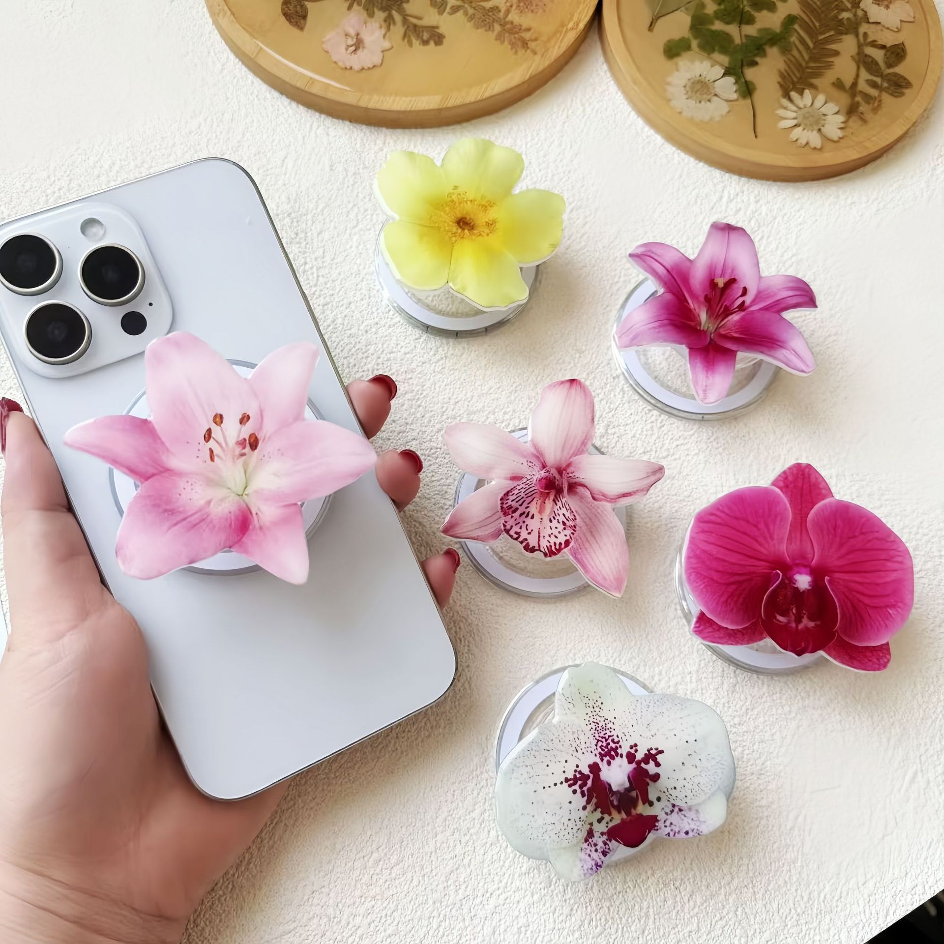 Rosa flor lirio orquídea acrílico magnético soporte para airbag soporte de escritorio hebilla de anillo soporte Magsafe