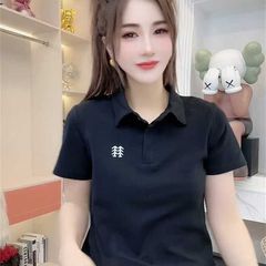 大きいサイズのヨーロッパ刺繍文字ポロ襟半袖Tシャツ女性用2025夏新作ゆったり痩身トップス