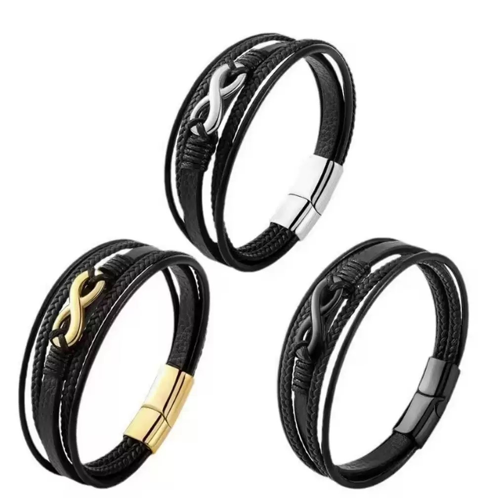 Pulsera de cuero tejida multicapa transfronteriza europea y americana Pulsera de cuero ilimitada de 8 caracteres de alta gama Pulsera retro tejida para hombre Magnético