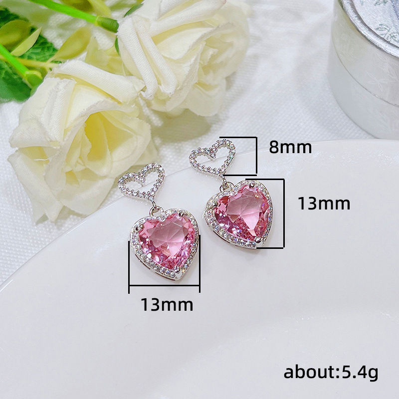 Heart Shape Pattern Women's Gender 1 Pair Sweet Heart Shape Hollow Out Inlay Copper Zircon Drop Earrings