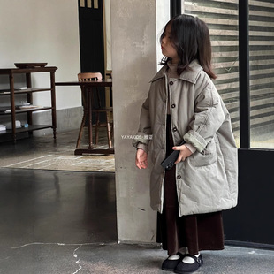 Children's winter cotton-padded 2024 winter new boys and girls Korean lapel design feeling long cotton-padded jacket coat tide