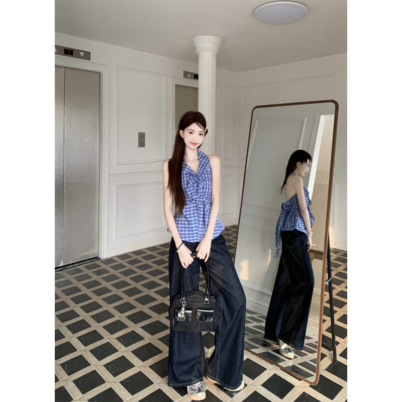 Real Shot and Real Price Blue Plaid V Neck Halter Top + Wide Leg Jeans for Women