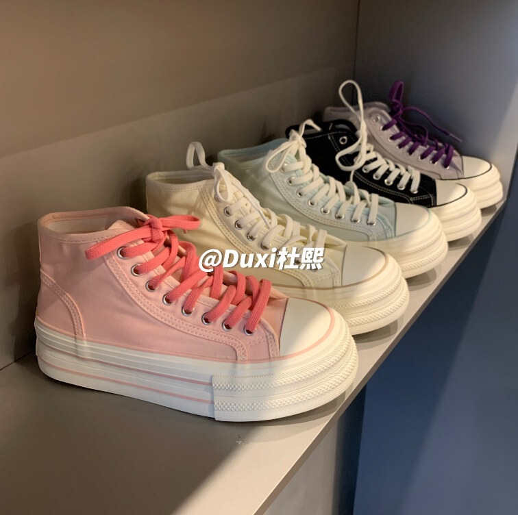 TP239 Campus Style Explosive Thick-soled Height-increasing High-top Casual All-match Canvas Shoes Light Color Car Stitching Sneakers for Women