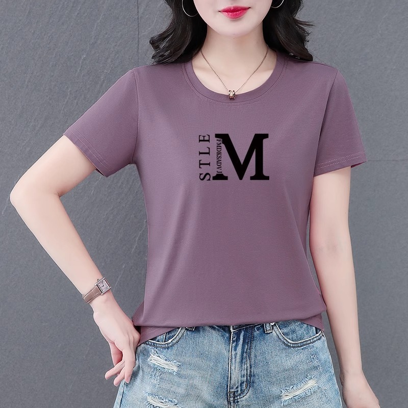 玫红纯棉短袖t恤女款夏天2025新款中年妈妈宽松洋气百搭圆领上衣|undefined