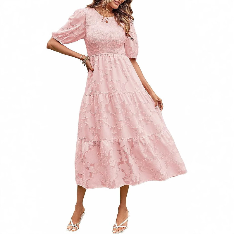 Cross-border European and American Summer dress Flower Lace Short-sleeved High Waist A- shaped Elegant Party Mid-length Dress for Women