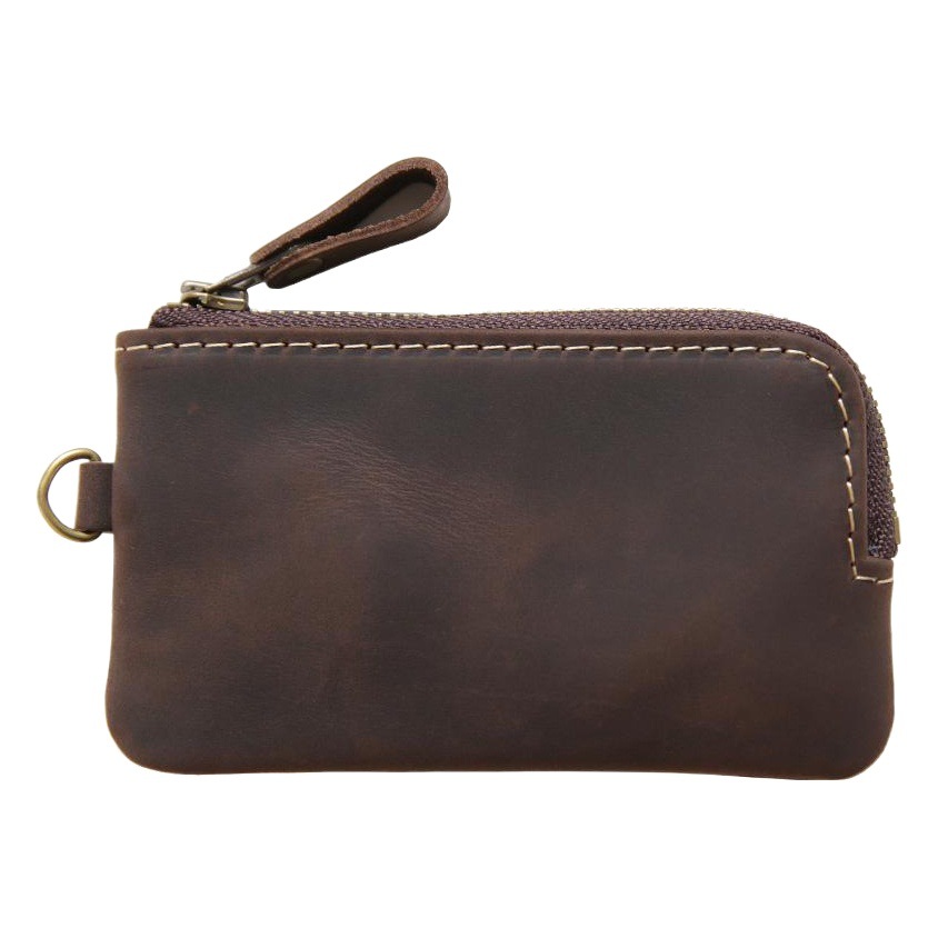 Men's Short Genuine Leather Zipper Small Wallet Crazy Horse Leather Coin Purse First Layer Cowhide Key Bag Men's Key Bag