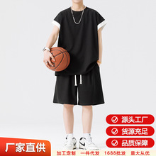 时尚宽松套装撞色袖口冰丝短袖T恤短裤两件套青少年男装潮流款