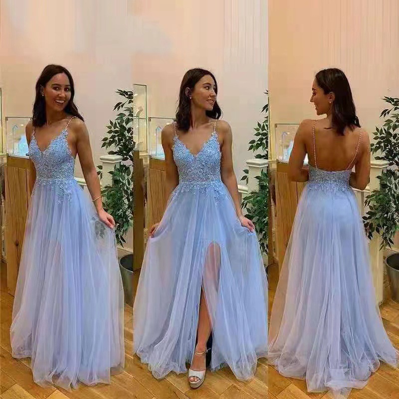 Amazon Comercio exterior luz azul vestido de fiesta de encaje apliques perlas una línea vestido de noche sin espalda