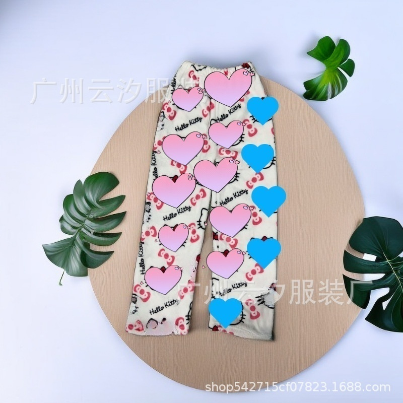 Comercio exterior Año Nuevo Navidad dibujos animados KT gato pijama pantalones gruesos de las mujeres Otoño e Invierno Polar forrado cálido casual casa pantalones de franela