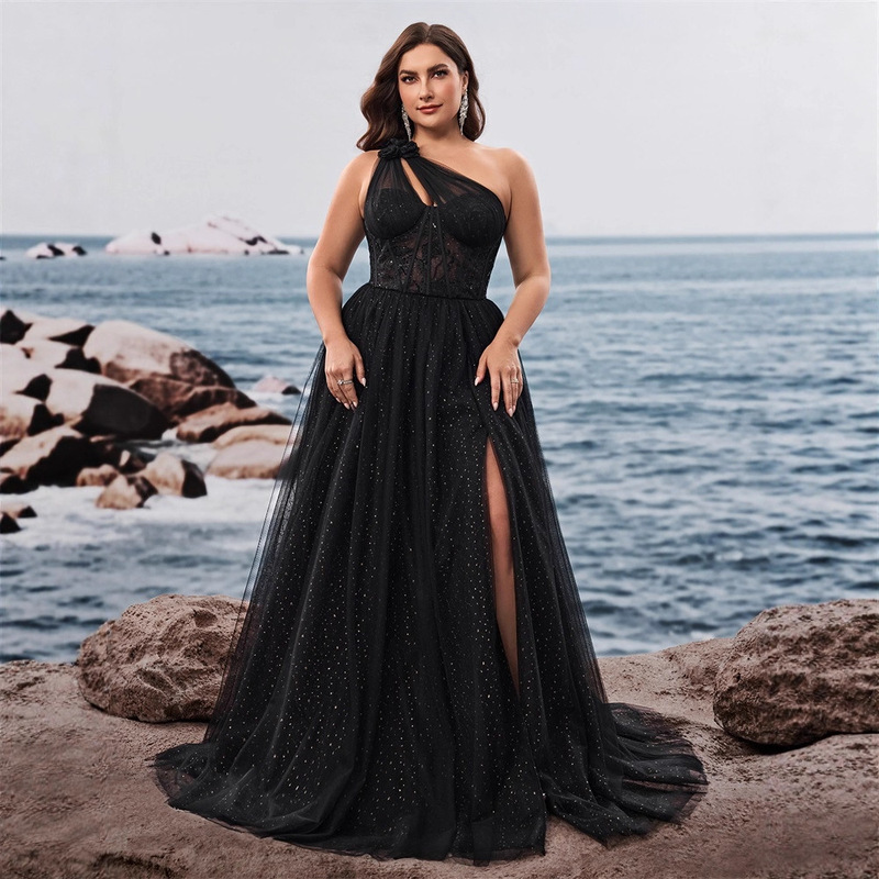 European and American Plus Size Elegant Slanted Shoulder Elegant Cocktail Party Dinner Dress Luxury Slit Bridesmaid Graduation Dress Mother's Dress