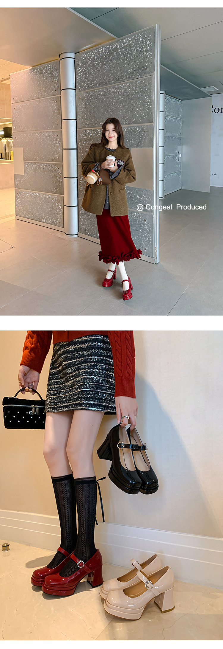 Giày cao gót Mary Jane đế xuồng mũi vuông phong cách cổ điển — Trần truồng hồng, màu đen, màu đỏ chi tiết 21
