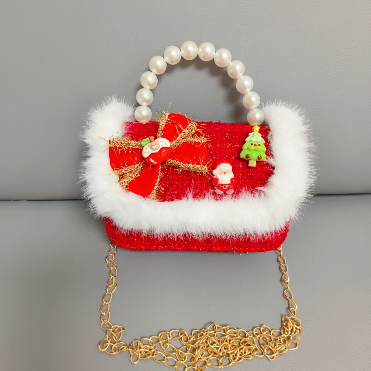 Gran bolso de perla de arco rojo, Santa Claus, bolso de Año Nuevo, cartera de Año Nuevo, hombro, pequeño viento fragante