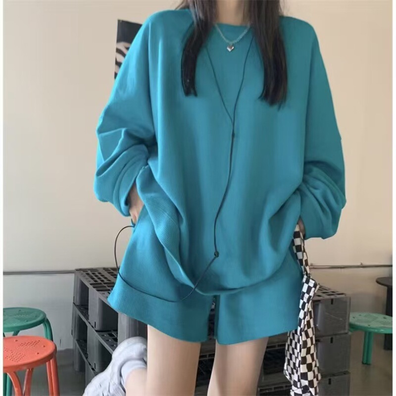 Fashionable Casual Waffle Set for Women 2026 Autumn New Long-Sleeve Shorts Loose Plus-Size Two-Piece Set Southeast Asia Fashionable Casual Waffle Set for Women 2026 Autumn New Long-Sleeve Shorts Loose Plus-Size Two-Piece Set Southeast Asia
