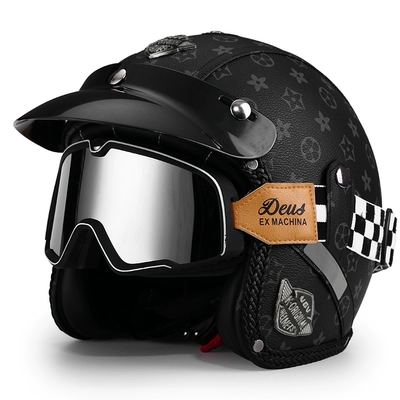 Motosiklet dəbilqələri helmet men's and women's electric - m-black-print-black-and-white-checkered-goggles-leave-a-message-to-change-to-a-transparent-mirror-free-brim-face-towel
