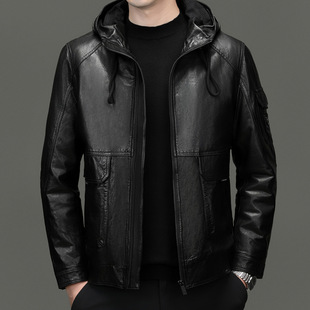 Autumn and Winter Removable Down Liner Haining Genuine Leather Men's Hooded Short Coat Head Layer Calf Leather Jacket
