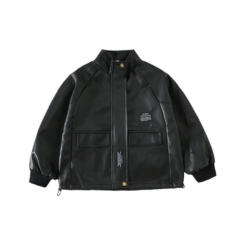 Boys' Leather Jacket 2024 Spring and Autumn New Middle Size Boy Black Leather Jacket Casual Children Spring Clothing Streetwear Outerwear