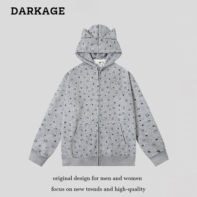 美式可爱满印凯蒂猫2025年秋冬连帽卫衣女款宽松休闲学院风外套