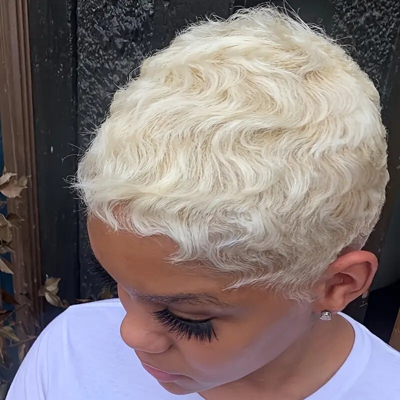 6inch 60# color human hair wig pixie cut真人发发套白色发套|undefined