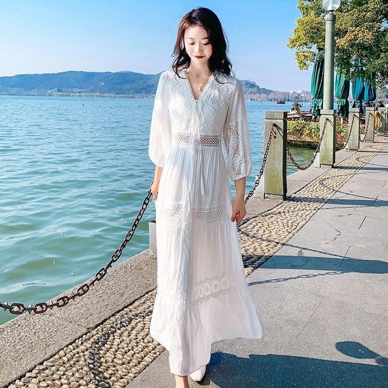 Chinese Style Long Retro Vacation Travel White Dress Spring & Fall Elegant Fairy Tassel Tie-Dye White Gray Long Skirt