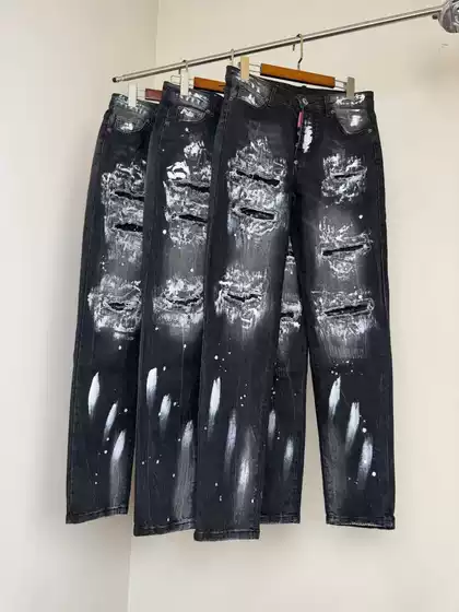 Correct Version Dsquared2 Washed Knife-Cut Splash-Ink Jeans for Men and Women, Same Style Cross-Border Trendy Brand for Couples