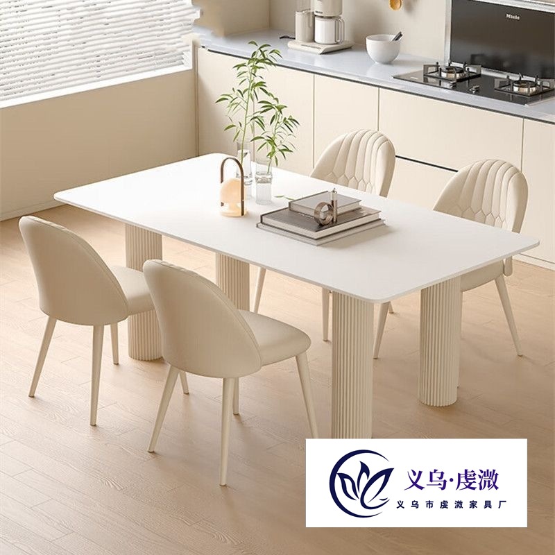 Cream-Style Pure White Slate Dining Table, Light Luxury, Modern French Style, Small Apartment, Large Long Dining Table and Chair Combination, Reliable Wall