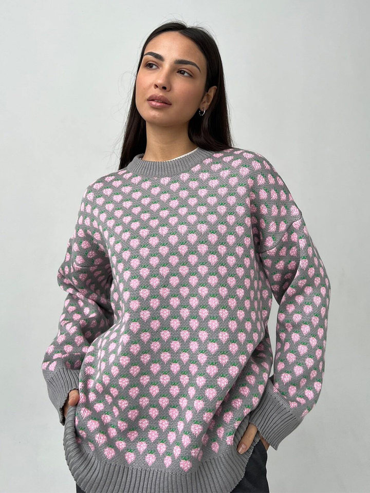 Áo len nữ cổ tròn dáng rộng dệt kim họa tiết dâu tây tay dài — màu đỏ, xám, đen chi tiết 48