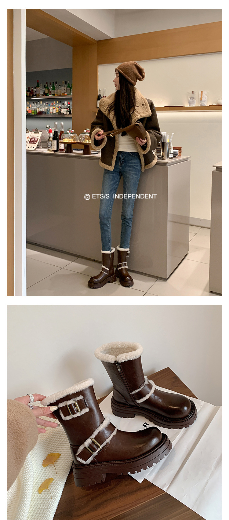 Boot tuyết nữ cổ thấp đế dày phong cách Anh, có khóa thắt lưng, lót lông ấm — màu đen chi tiết 21