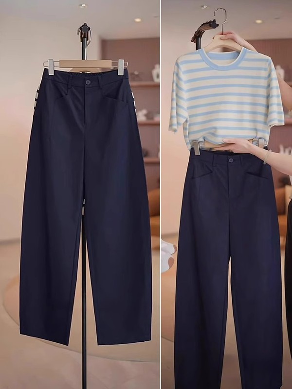 女性のためのシミタースーツパンツ 2025 新しい夏薄いハイウエストカジュアルワイドレッグパンツハイエンドドレープストレートパンツ|undefined