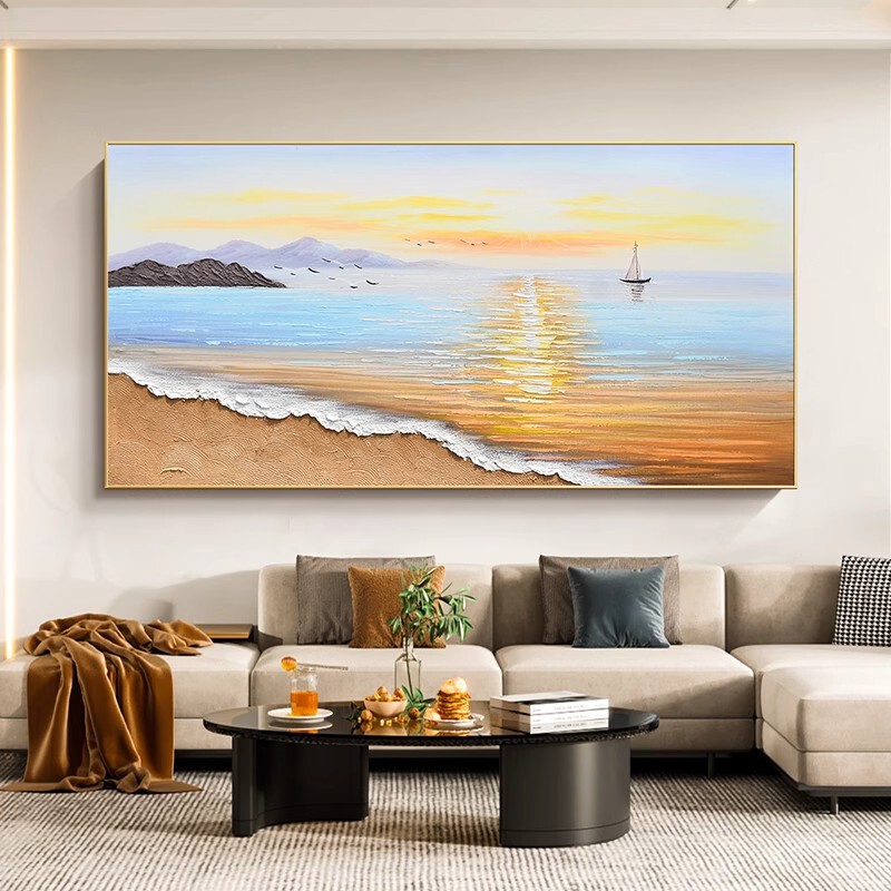 原创《旭日东升》手绘油画客厅轻奢装饰画横版海边风景肌理挂画|undefined