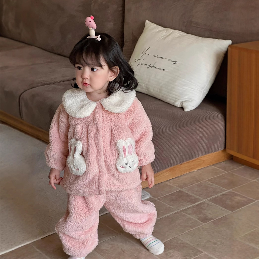 冬季衣服婴幼儿家居服洋气可爱小兔娃娃领保暖毛毛哈衣女宝宝套装