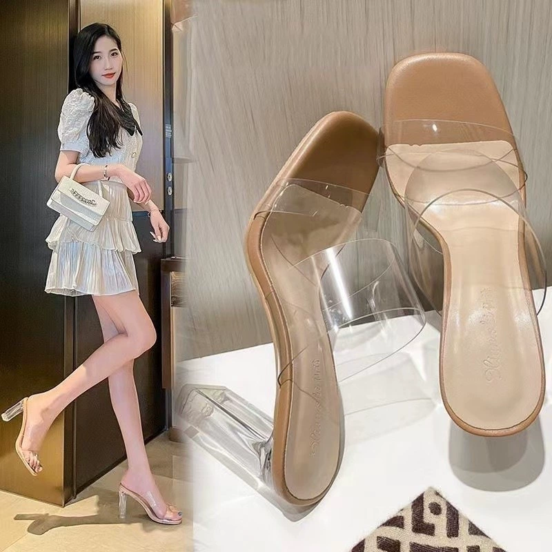 Женские прозрачные босоножки на толстом каблуке с вырезом на задней части, кристаллический каблук, сексуальные босоножки, новинка 2025 года.