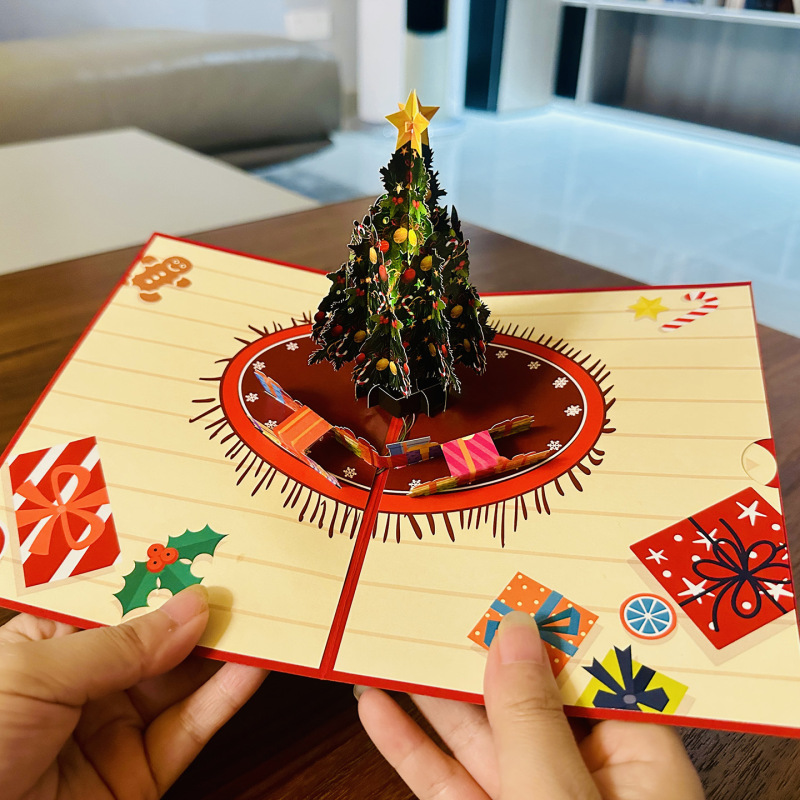 发光音乐圣诞立体贺卡音乐灯光3d圣诞节礼物祝福留言手工纸雕卡片|undefined
