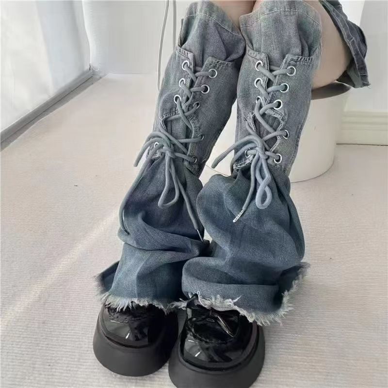 Millennial Hot Girl Gradient Color Denim Leg Warmers Slimming and Height-Enhancing Design with Straps and Tassels Mid-Calf Boots and Socks Versatile
