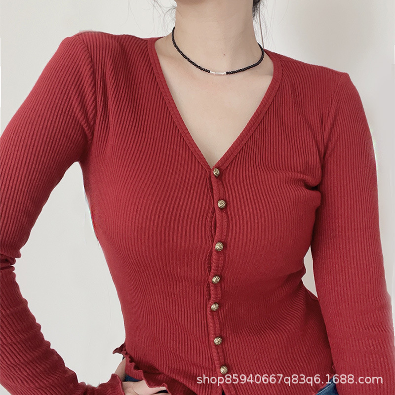 Early Autumn 2024 New Ancora Red Knitted Cardigan Women's Long Sleeve Autumn and Winter New Retro Red Bottoming Top