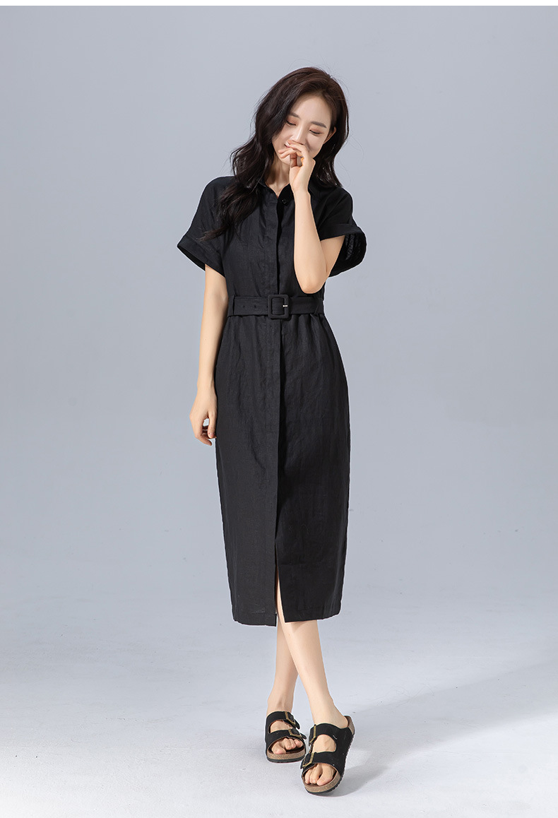 Đầm sơ mi nữ tay ngắn thắt eo chất liệu linen dáng dài — màu đen chi tiết 24