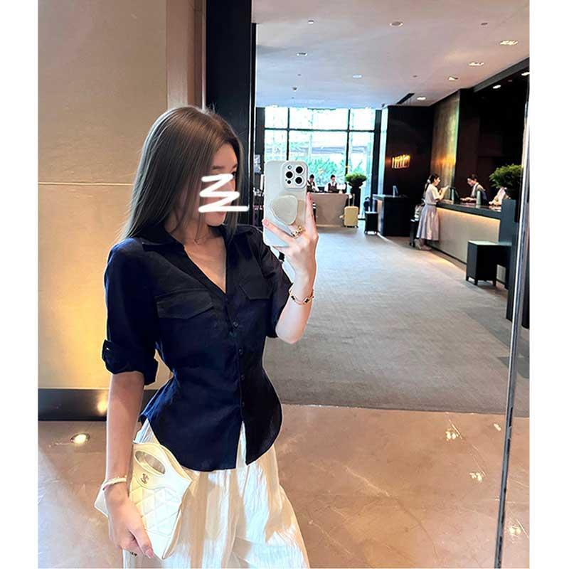 高智感亚麻中袖正肩收腰衬衫御姐风后背绑带收腰领翻领衬衣女|undefined
