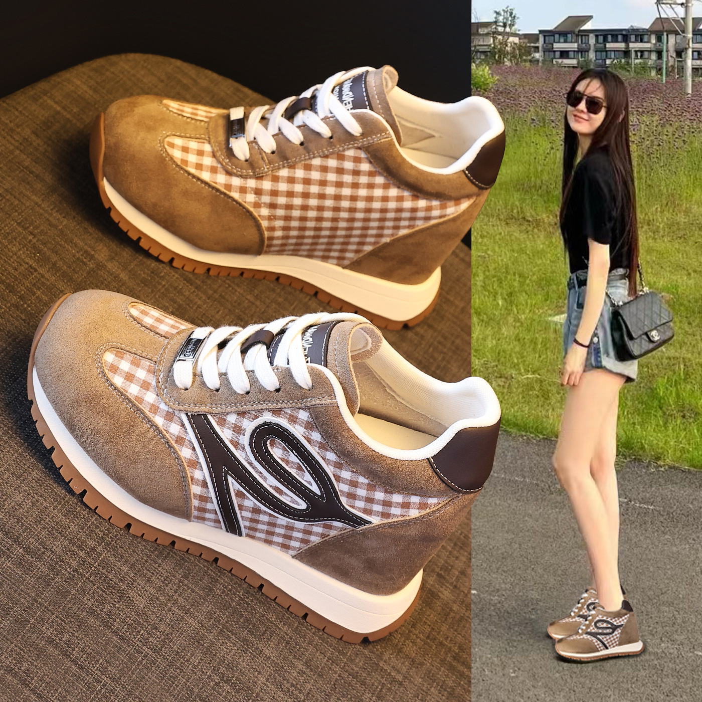 Giày sneaker nữ đế dày tăng chiều cao, phong cách thể thao giải trí — màu đen