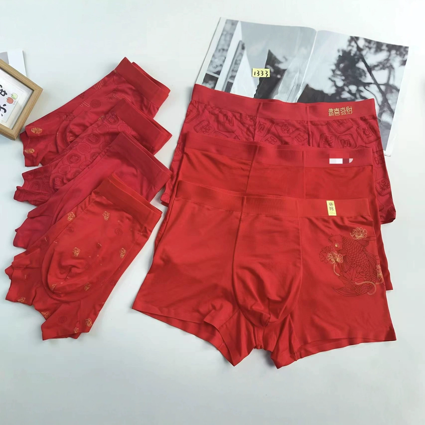1333 # Бесплатная доставка при покупке 60 штук ярко-красных мужских трусов-боксеров из модала, праздничное красное нижнее белье для года рождения.