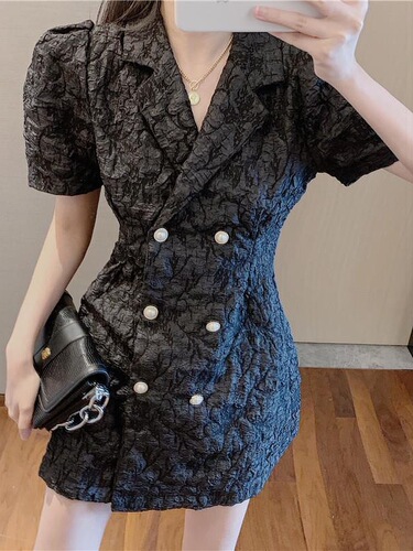 Summer Suit Dress French Style Short Sleeve Waist Cinching Slimming White Puff Sleeve Short Skirt for Women in 2025