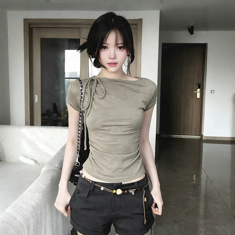 American-Style Pleated Retro Tie-Shoulder Short-Sleeve T-Shirt for Women, Summer 2026 New Slim-Fit Flattering Crop Top