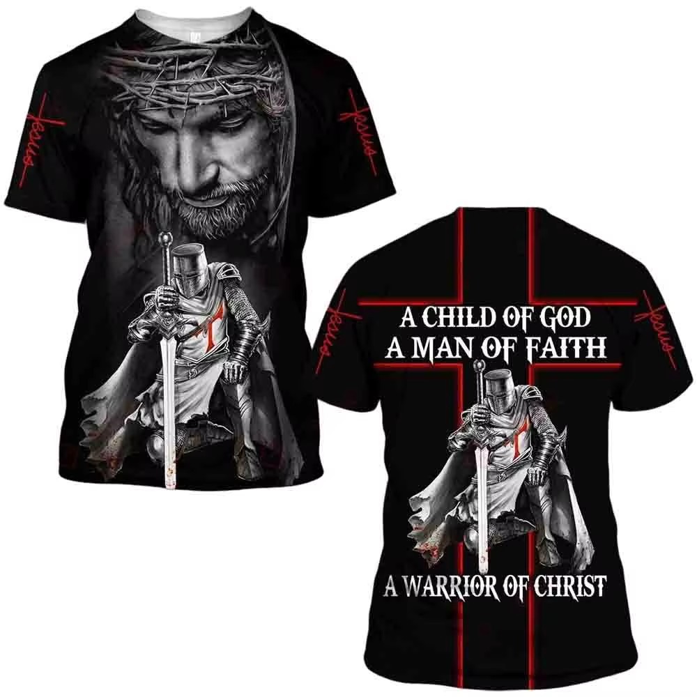 Camiseta transpirable de hombre transpirable de hombro de manga corta de cuello redondo casual con estampado 3D de guerrero de la Cruz Roja transfronteriza europea y americana