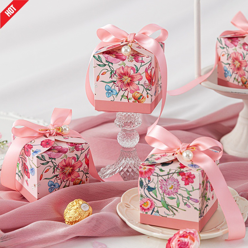 小众轻奢手绘植物花卉喜糖盒结婚糖果盒伴手礼盒婚礼喜糖袋包邮发