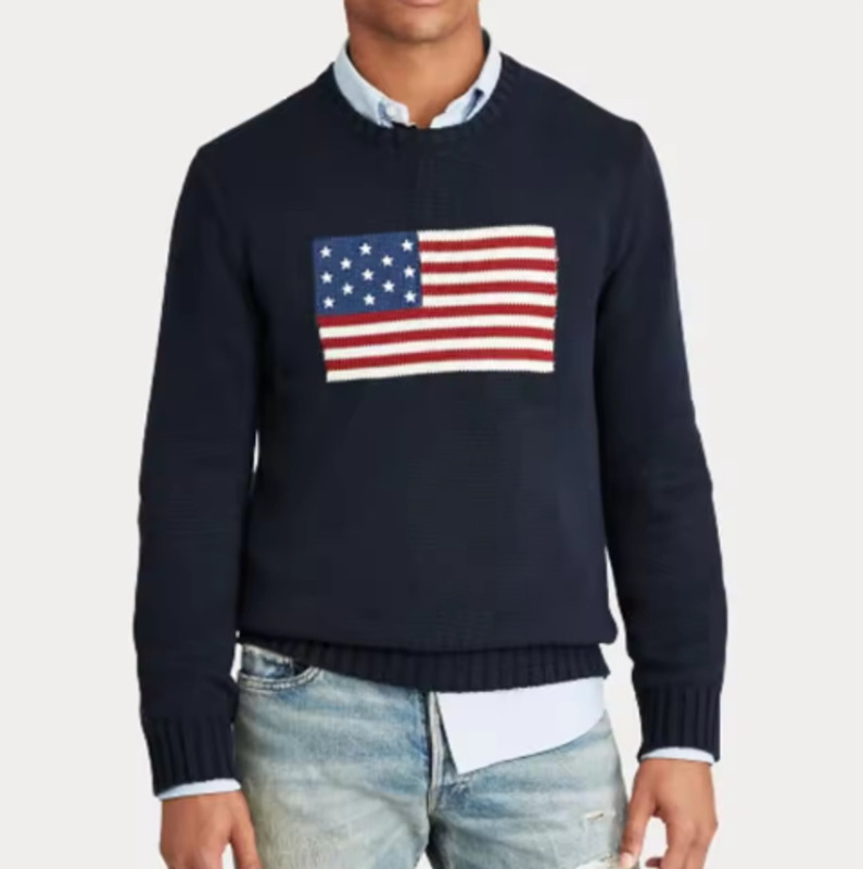 American Retro Flag Embroidered Round Neck Sweater for Women, New Autumn and Winter Cotton Knitwear Trendy Pullover