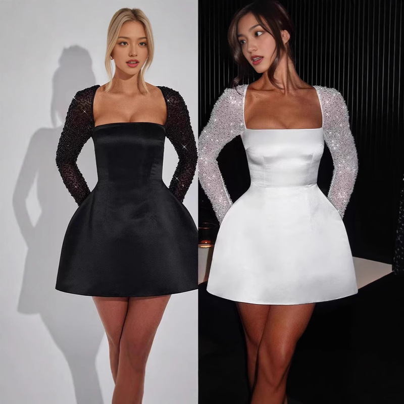 Cross-border 2025 European and American Summer New Sequin Long-sleeved dress INS Casual Lace-up dress Women